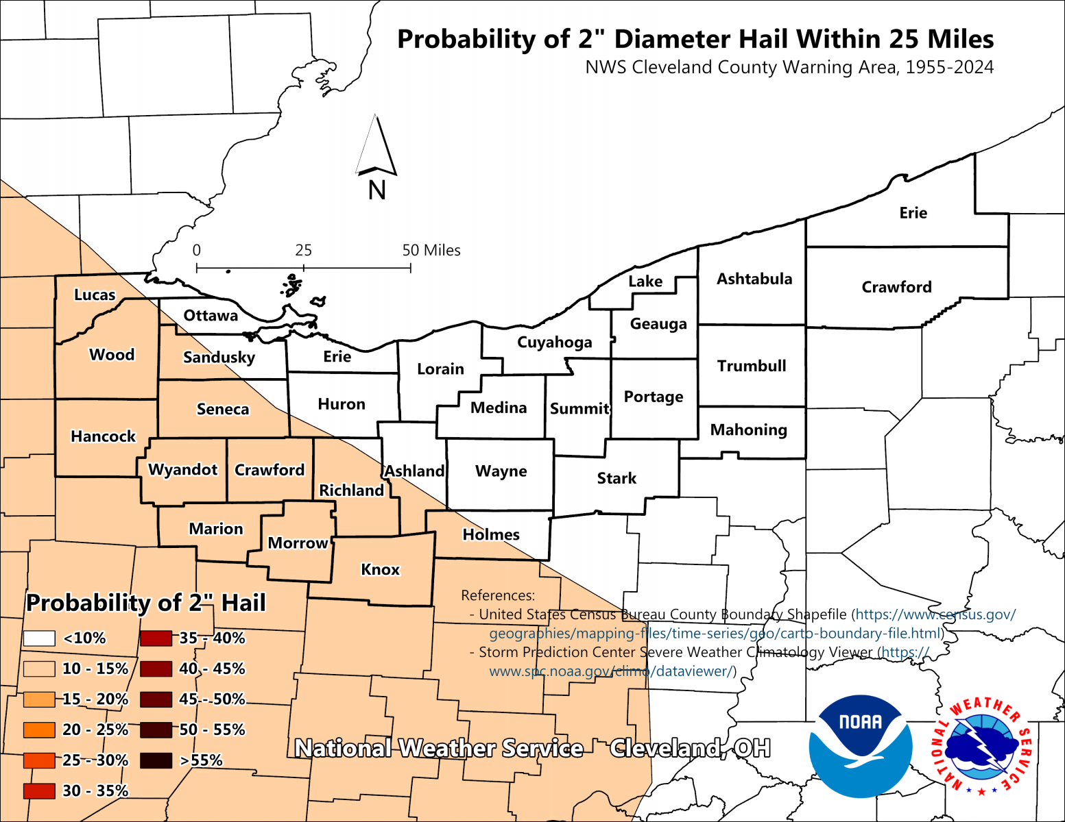 Probability of 2 inch diameter Hail within 25 miles