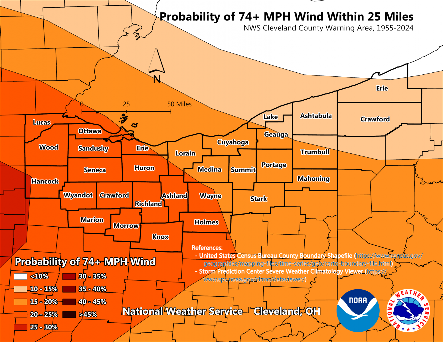 Probability of 74+ mph Winds within 25 miles