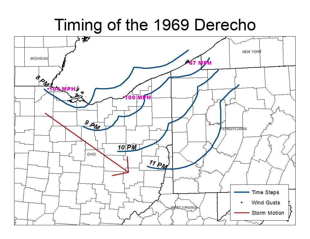 Areas affected by the July 4, 1969 derecho with the approximate hourly positions of the leading edge of the winds, and approximate wind gusts from the system. The red arrow represents the direction of propagation of this storm system.