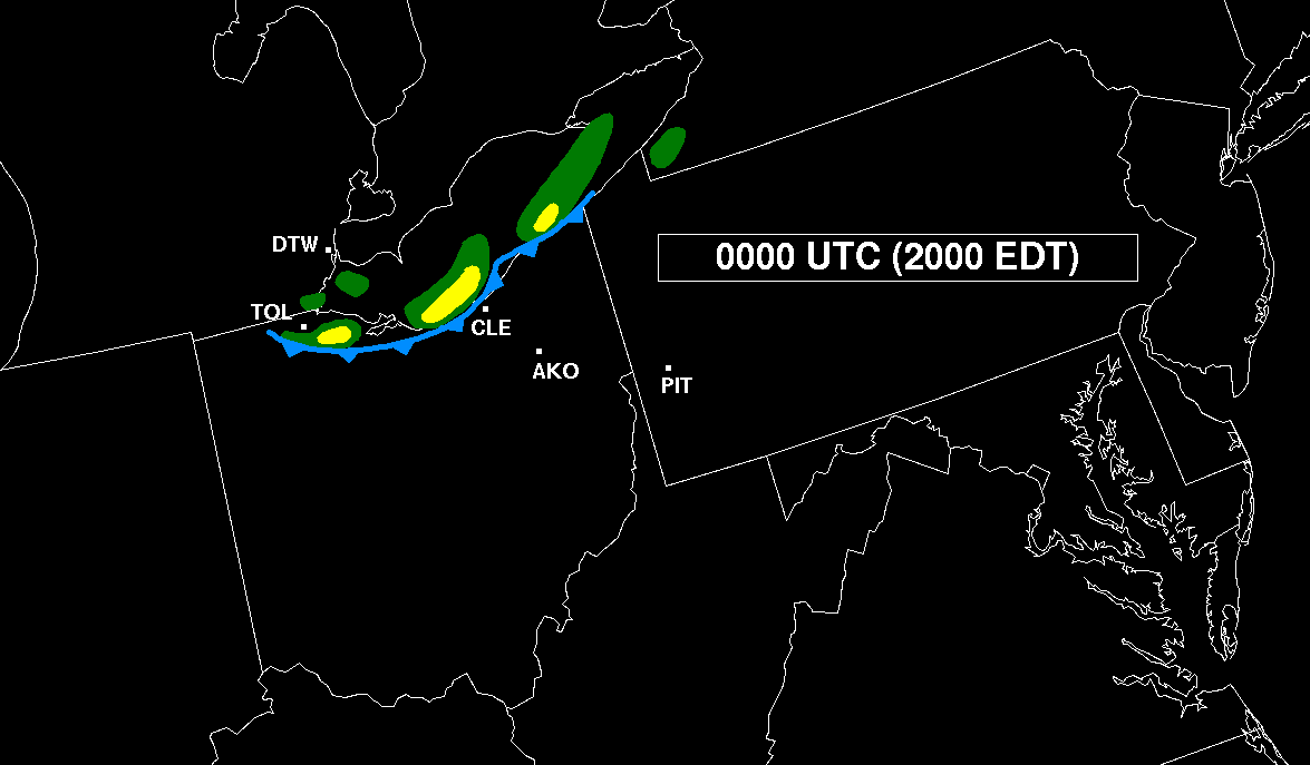 Series of images showing the hourly sequence of smoothed radar reflectivity, based on hand-drawn sketches made from the Pittsburgh, PA WSR-57 radar data that appear in Hamilton 1970. 00Z