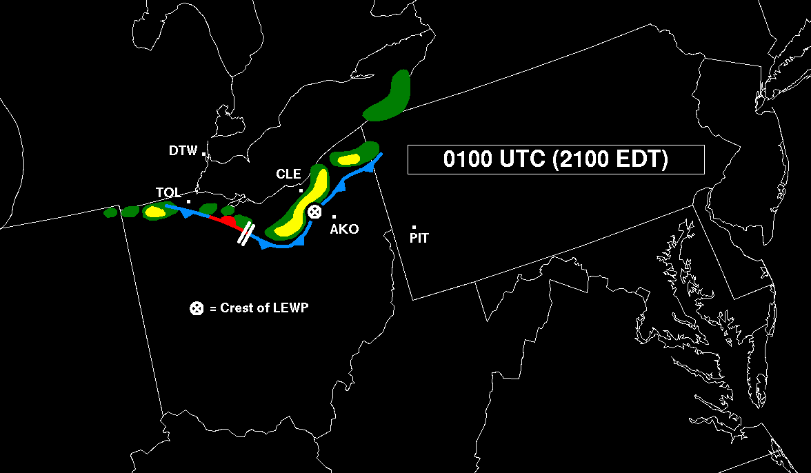 Series of images showing the hourly sequence of smoothed radar reflectivity, based on hand-drawn sketches made from the Pittsburgh, PA WSR-57 radar data that appear in Hamilton 1970. 01Z