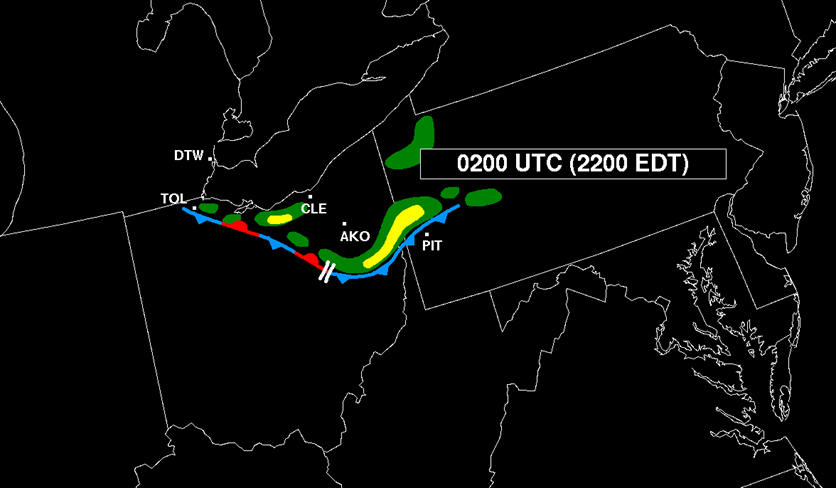 Series of images showing the hourly sequence of smoothed radar reflectivity, based on hand-drawn sketches made from the Pittsburgh, PA WSR-57 radar data that appear in Hamilton 1970. 02Z