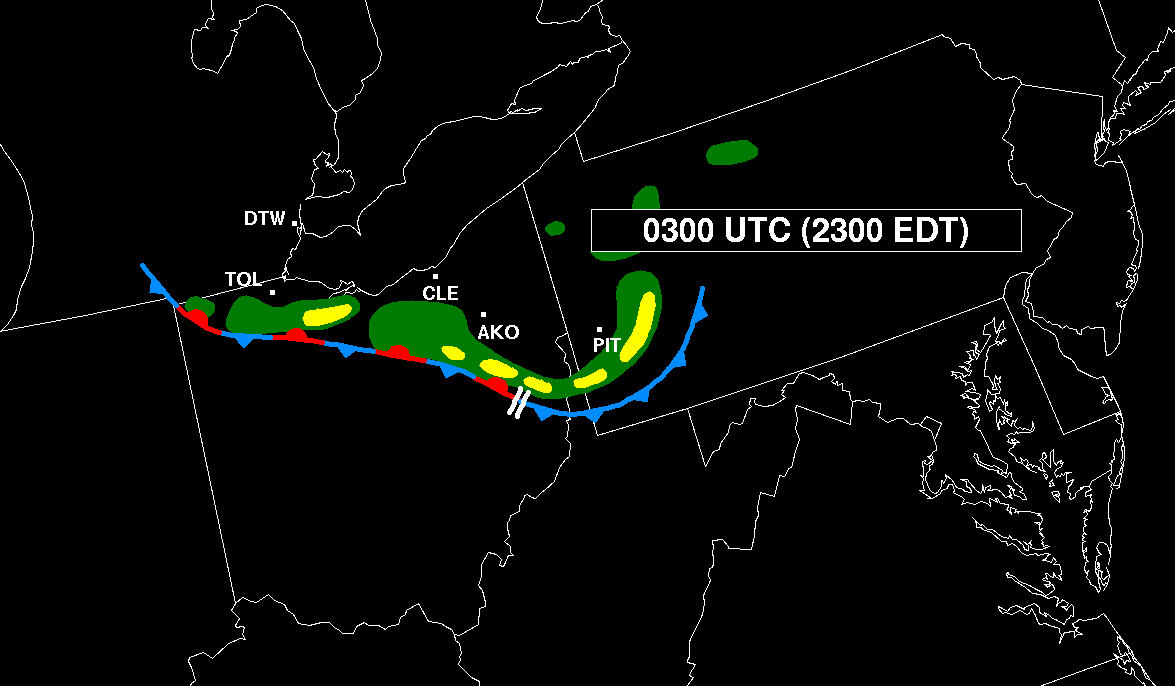 Series of images showing the hourly sequence of smoothed radar reflectivity, based on hand-drawn sketches made from the Pittsburgh, PA WSR-57 radar data that appear in Hamilton 1970.  03Z
