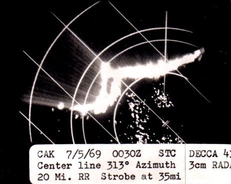 Radar reflectivity from 8:30pm local time on July 4th, 1969, on local radar near Akron, Ohio.  The image was made from an original Polaroid photograph taken by G. Vaughn.  The image of this storm was one of the first bow echoes to be radar-documented. The bow echo feature can be clearly identified within this image.  (Source: Storm Prediction Center).