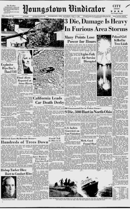 The Youngstown Vindicator and The Blade front page from July 5, 1969 referencing the damages and fatalities from the previous dayâ€™s derecho event. (Source: Google Newspaper Archive).