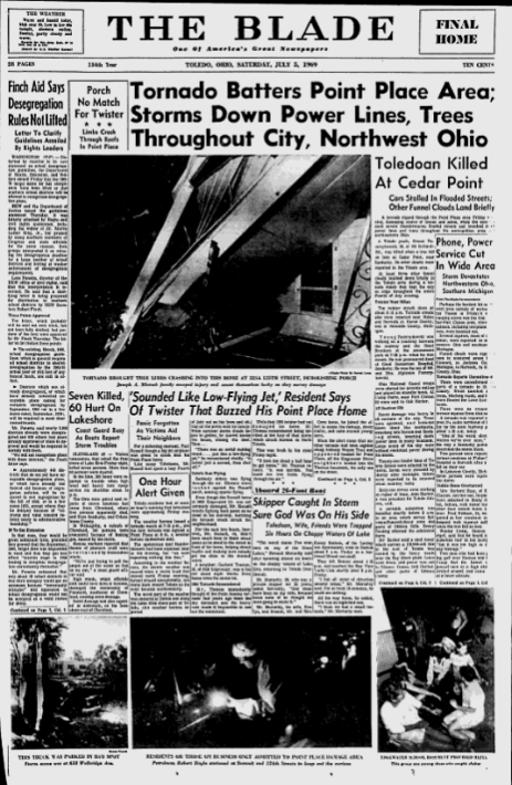 The Youngstown Vindicator and The Blade front page from July 5, 1969 referencing the damages and fatalities from the previous dayâ€™s derecho event. (Source: Google Newspaper Archive).