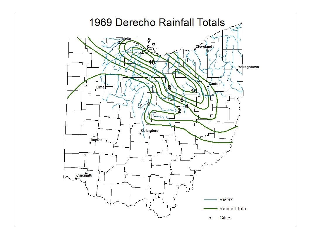 Reproduced image showing the rainfall (in inches) on July 4-5th 1969. The local area rivers and streams are also represented on this image in the blue outlines.