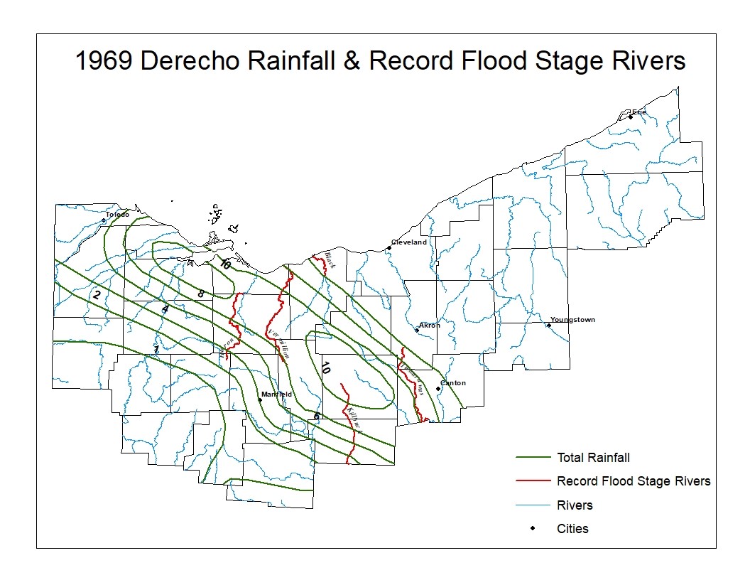 Reproduced image of NWS Clevelandâ€™s CWA (forecast area) showing the rainfall (in inches) on July 4-5th 1969. This image also depicts the local rivers and highlights those which reached record flood stage and had the biggest impacts during the event (those include the Huron River, Vermillion River, Black River, and Tuscarawas River).