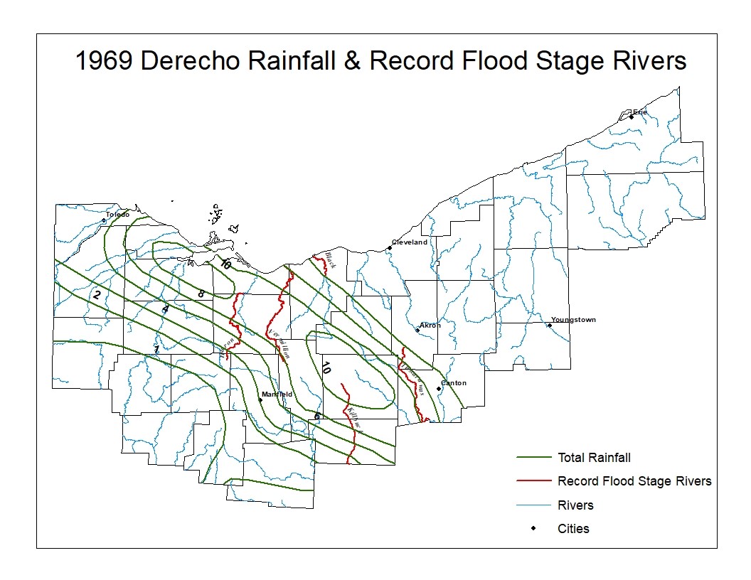 Reproduced image of NWS Cleveland’s CWA (forecast area) showing the rainfall (in inches) on July 4-5th 1969. This image also depicts the local rivers and highlights those which reached record flood stage and had the biggest impacts during the event (those include the Huron River, Vermillion River, Black River, and Tuscarawas River).