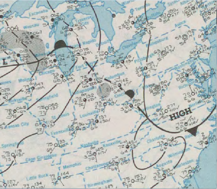 Surface analysis maps from July 4th, 1969 showing the U.S. with a zoomed in image of the Midwest and Northeast U.S. (the main area of severe weather on this day) (Source: library.noaa.gov)