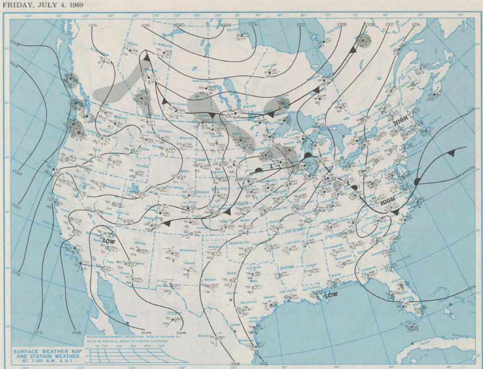 Surface analysis maps from July 4th, 1969 showing the U.S. with a zoomed in image of the Midwest and Northeast U.S. (the main area of severe weather on this day) (Source: library.noaa.gov)