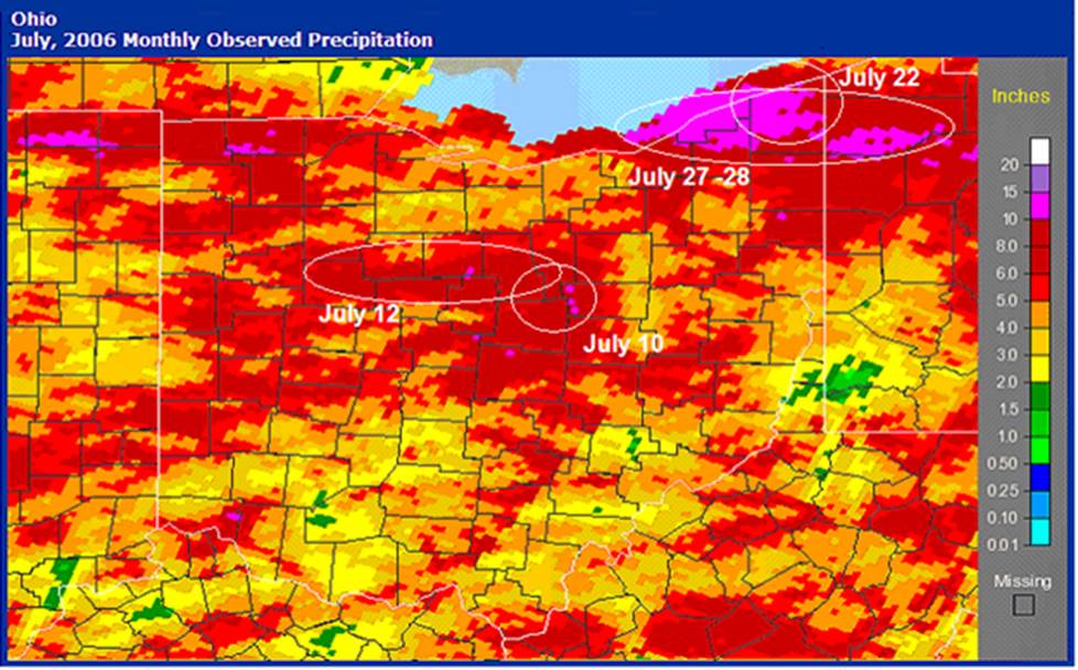 radar estimated rainfall for the month of july 2006.