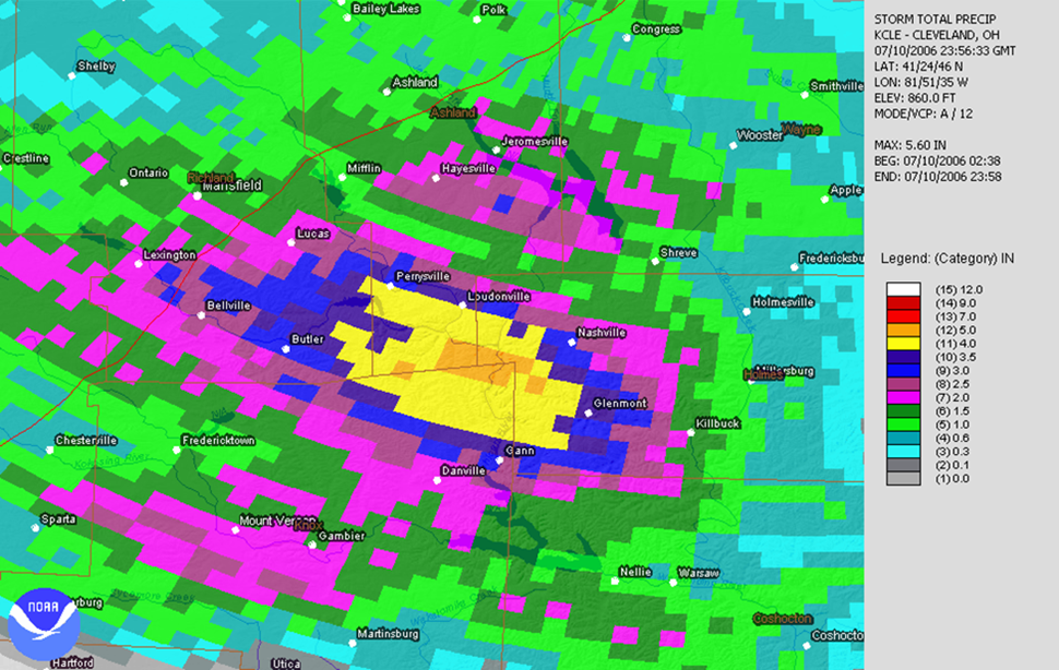 Radar estimated rainfall for the Mohican River Valley for July 10 2006