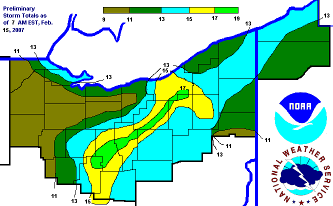 Preliminary Storm Total Snow as of 7 am EST, Feb. 15, 2007