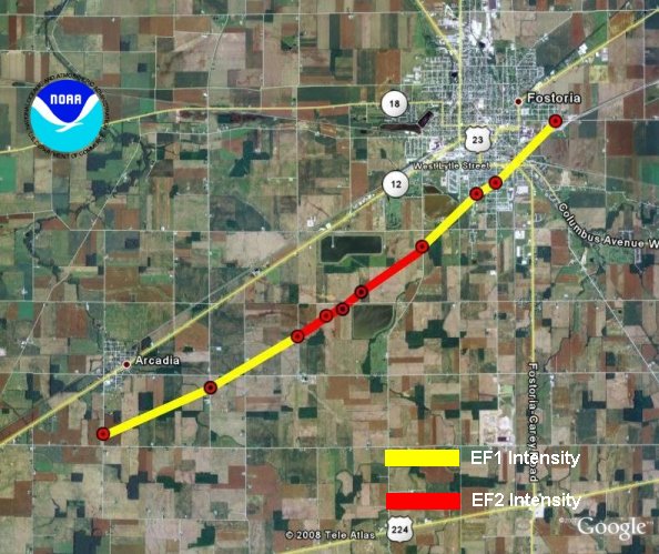 path of EF2 Tornado that affected Arcadia and Fostoria