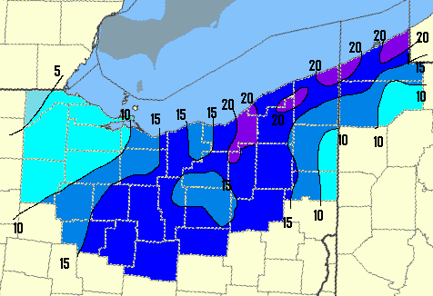 contour map of snowfall from March 7-8, 2008