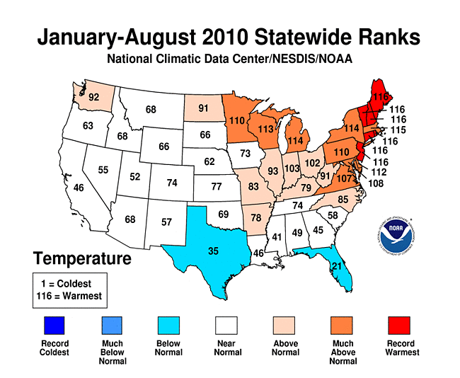 Ranking of year to date temperatures by state