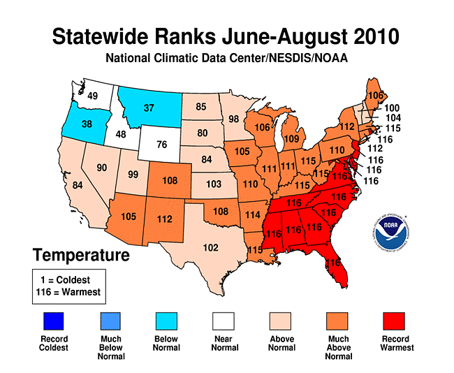 statewide temperature ranks for Summer