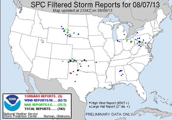 U.S. Map of Local Storm Reports for 8/7/2013