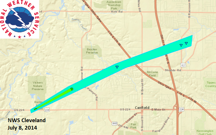 7/8/14 tornado track Canfield, OH