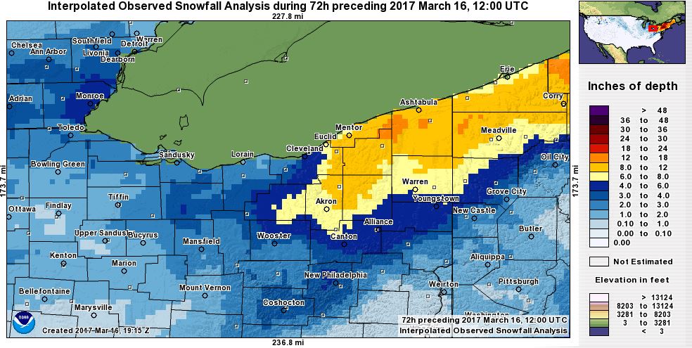 Interpolated Observed Snowfall over the last 72 hours for 3/13-3/15 - 2017 snowfall