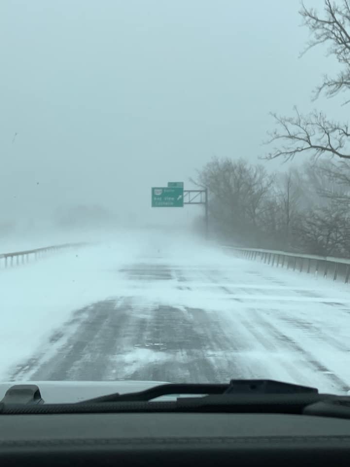 photo of blowing snow across the Edison Bridge in Marblehead, OH. 
