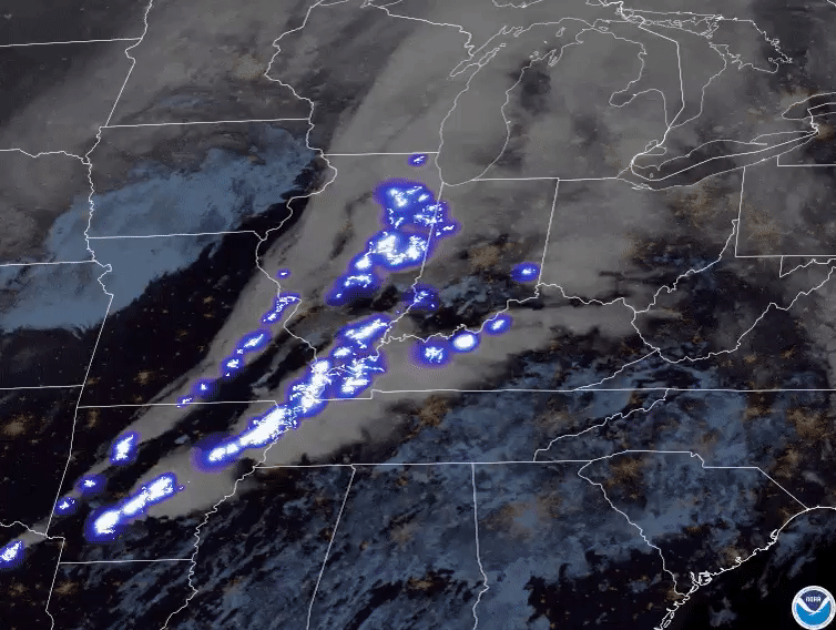 A satellite loop showing the complex of thunderstorms and lightning that produced the tornadoes across Missouri, Illinois, Tennessee, Arkansas, and Kentucky. and  