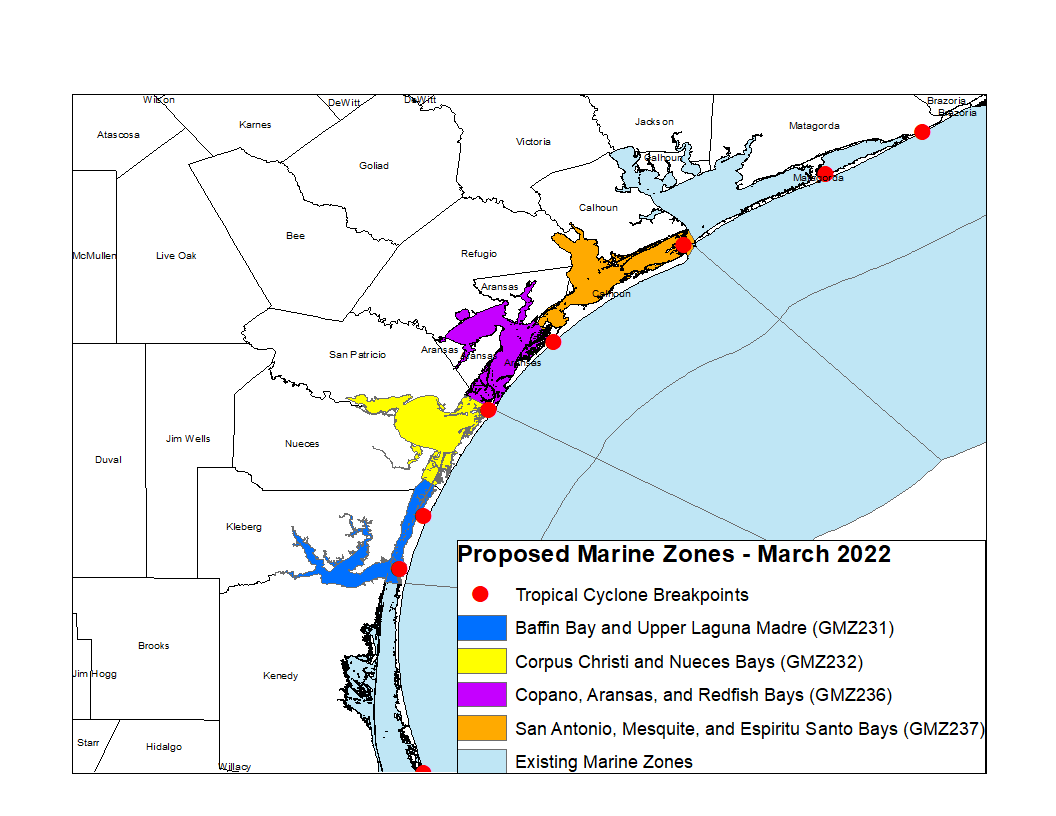 Proposed marine zones for the bays and waterways between Baffin and Matagorda Bays