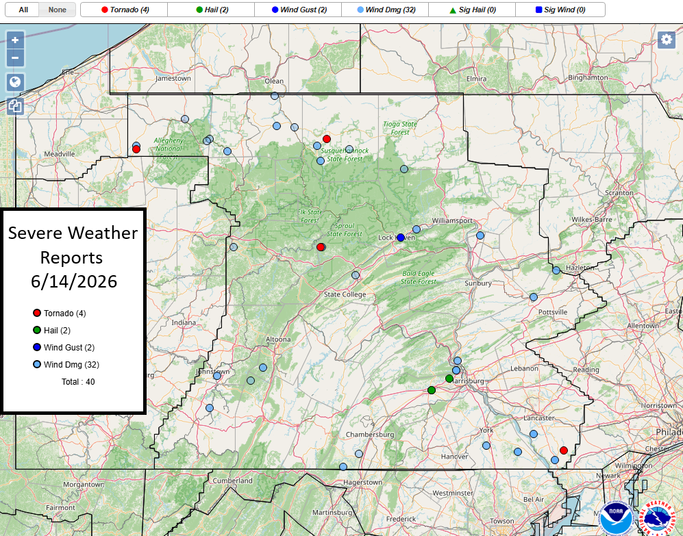 Local Storm Reports Map of 6/14/2026