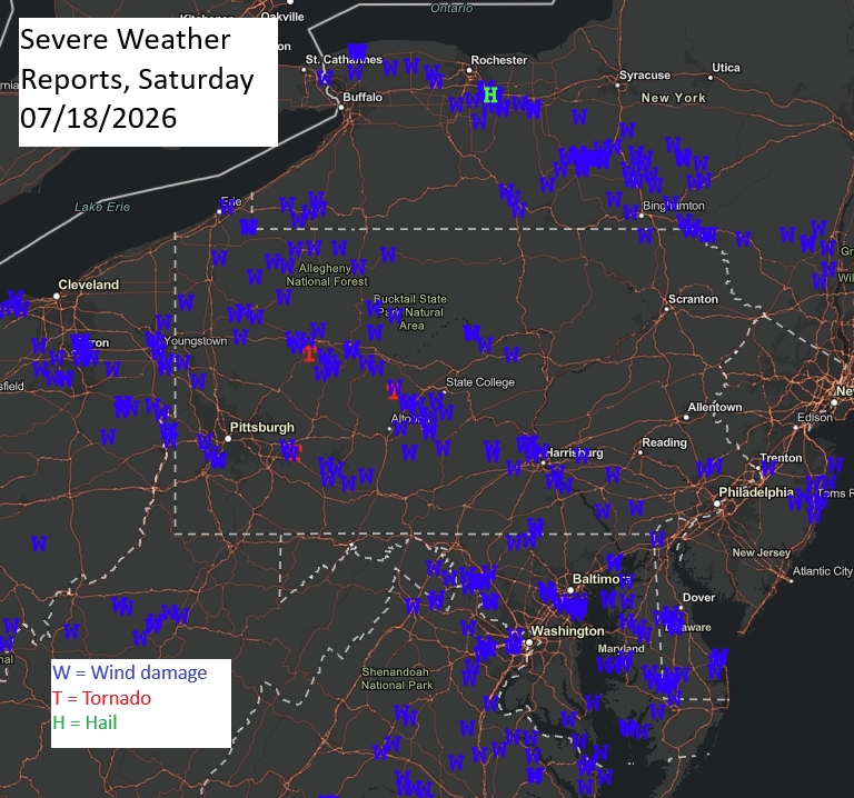storm reports map for 18 July 2026