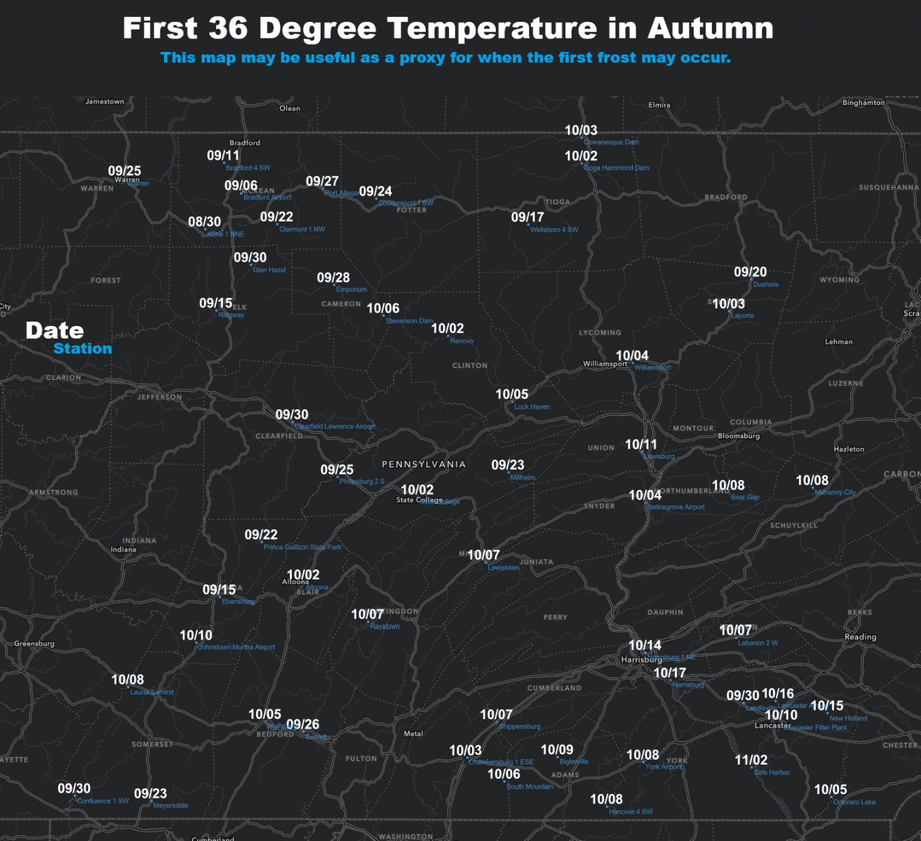 Map of the Mean Date of First 36 degree temperature in the Autumn for select sites across Central PA