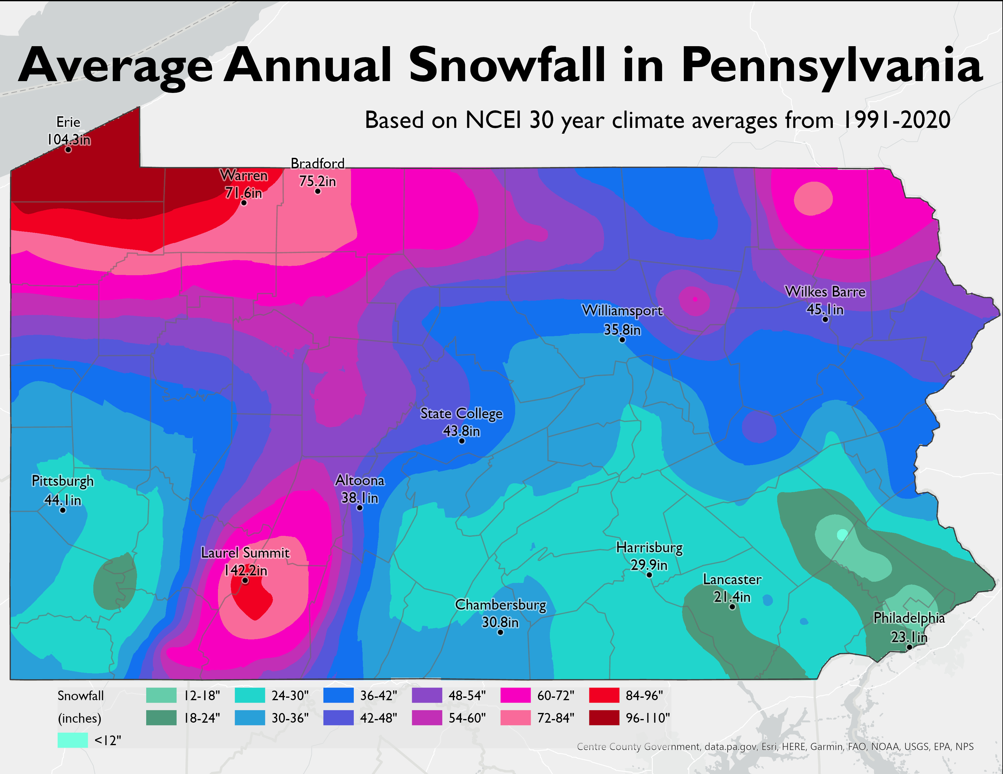 Average Annual Snowfall for Pennsylvania, contours