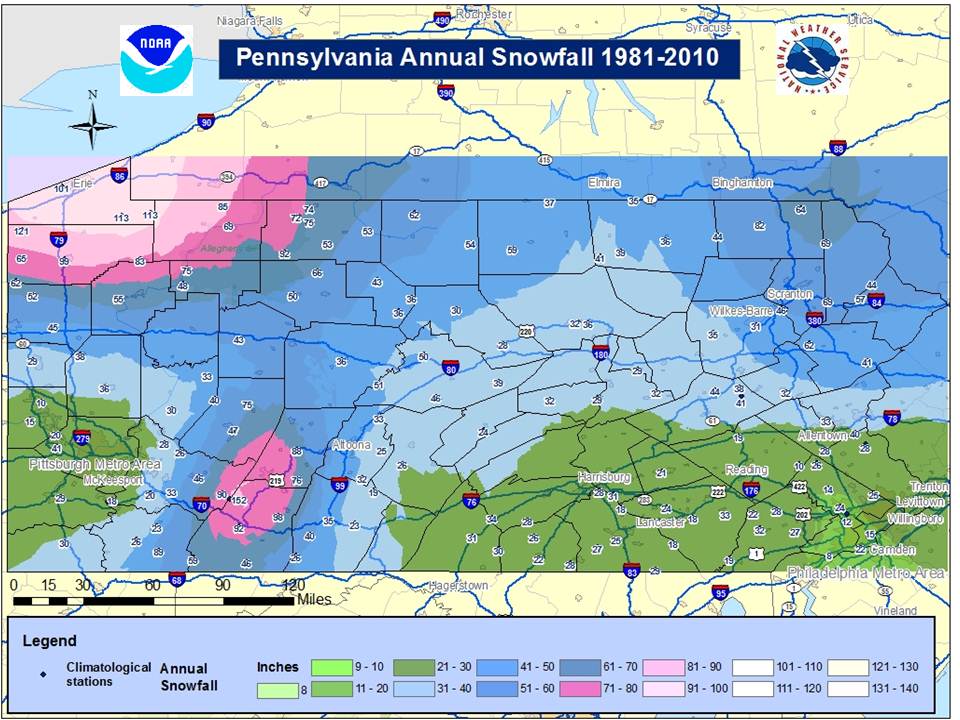 Average Annual Snowfall for Pennsylvania, contours