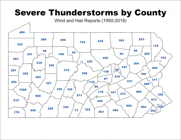 Severe Thunderstorms by County Map