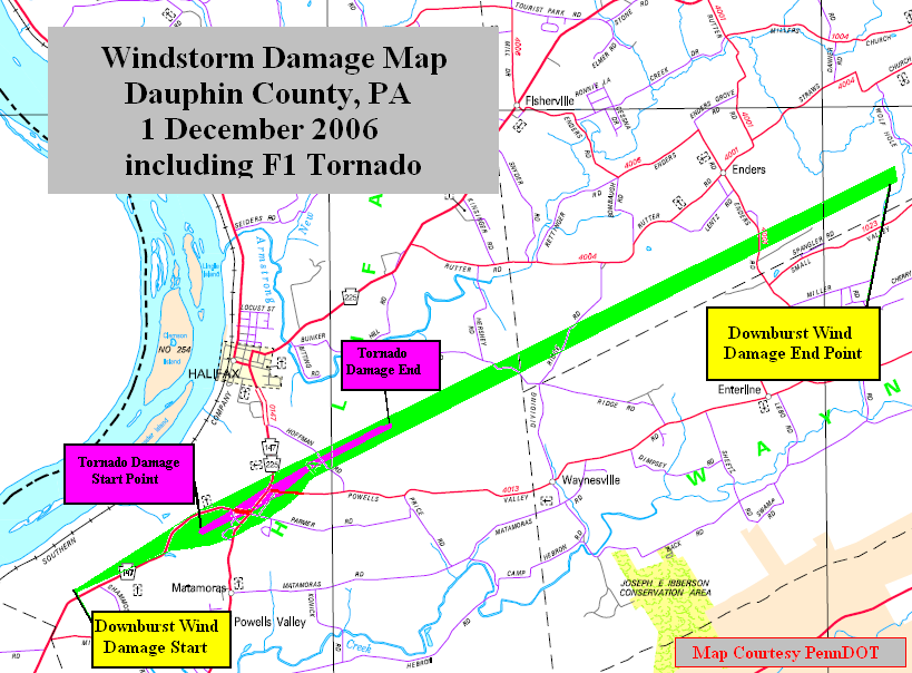 Map of damage survey completed in Northern Dauphin County