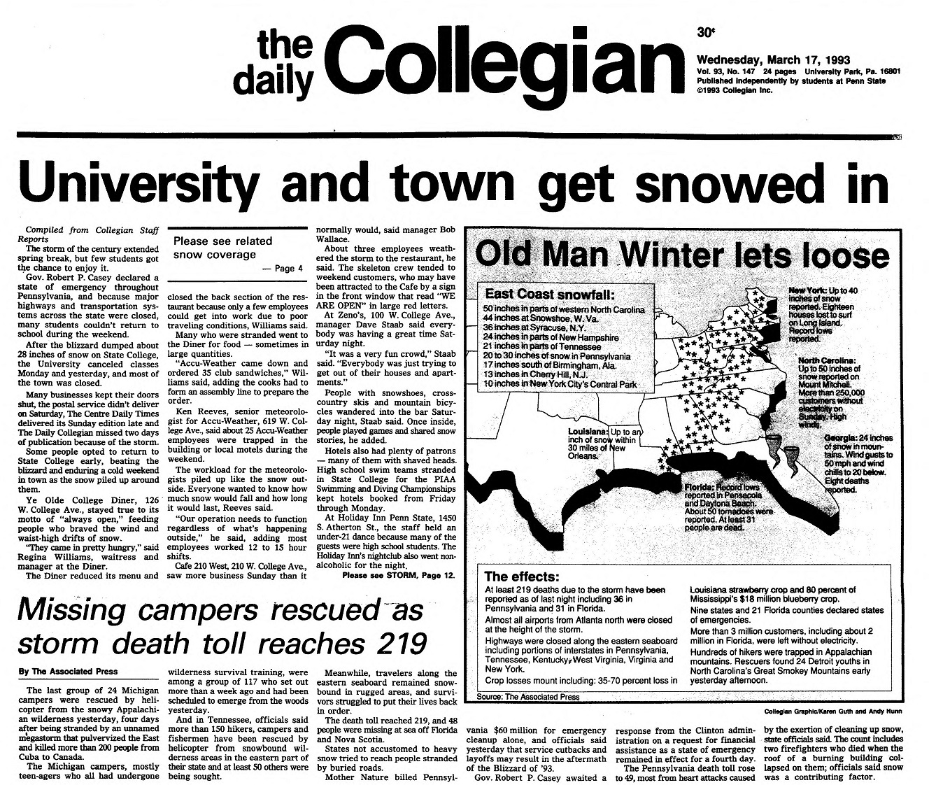 Daily Collegian Front Page March 17, 1993