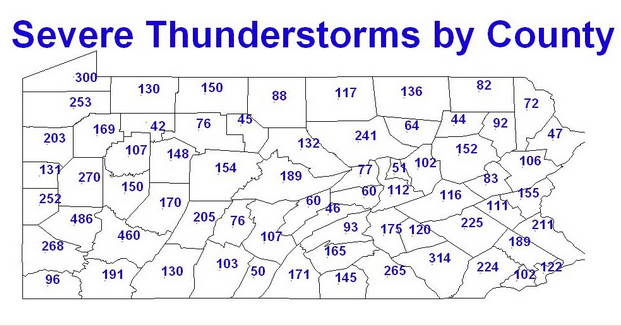 Severe Thunderstorms by County Map
