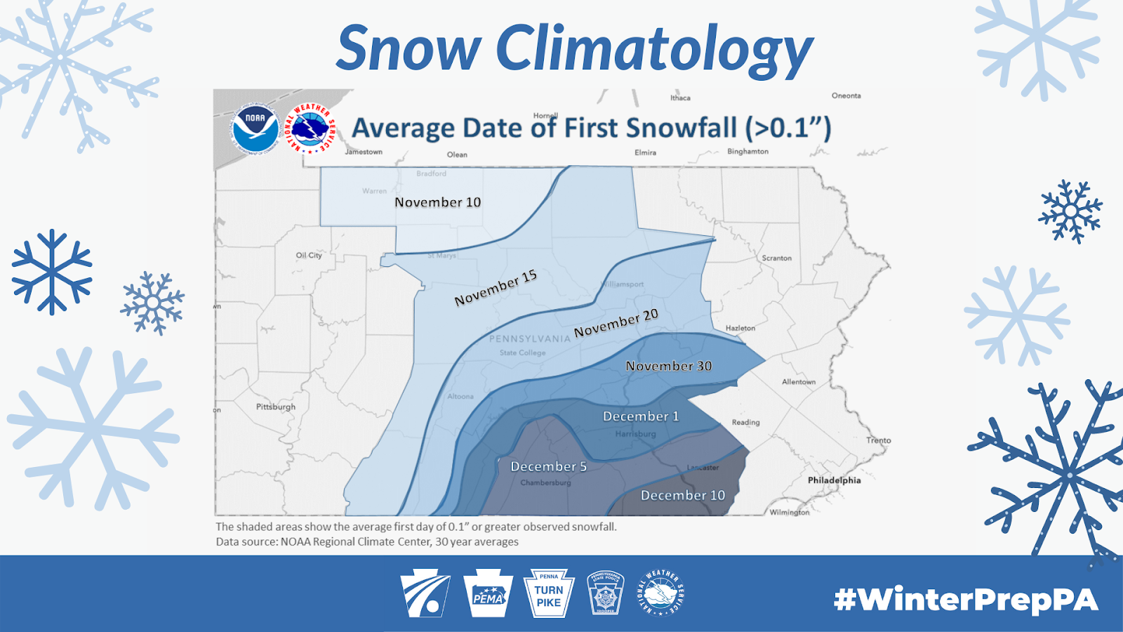 Map of average date of first 0.1 inches of snow 