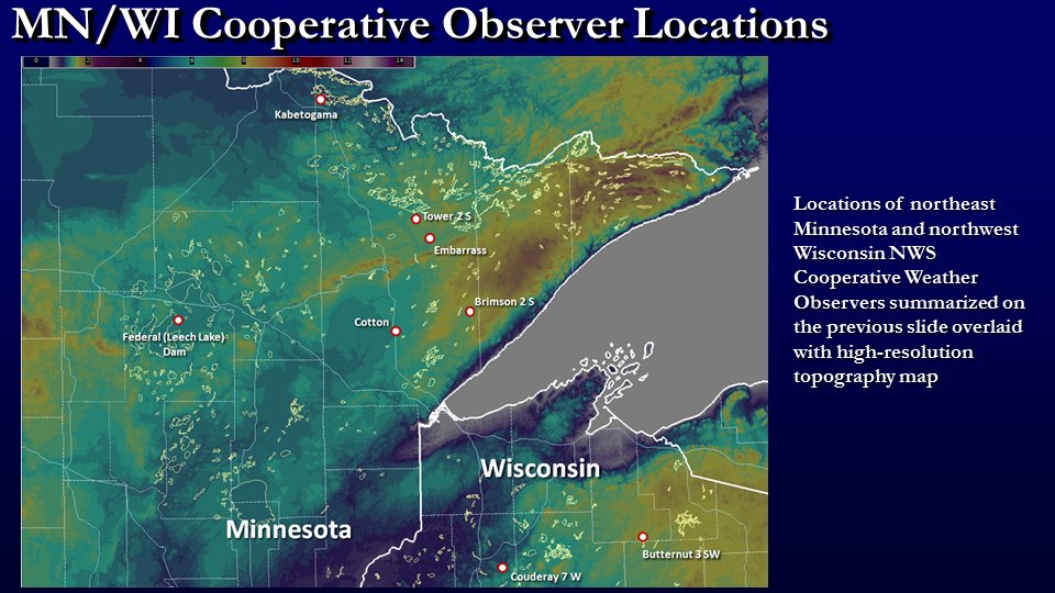 Map of some of the coldest cooperative observer locations in northern Minnesota and northwest Wisconsin