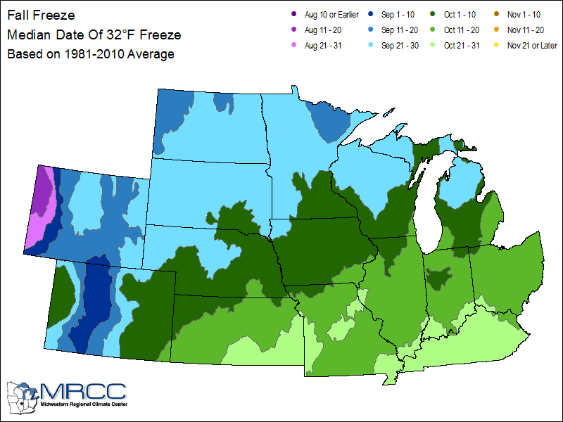 Median First Fall Freeze Dates Across the Upper Midwest
