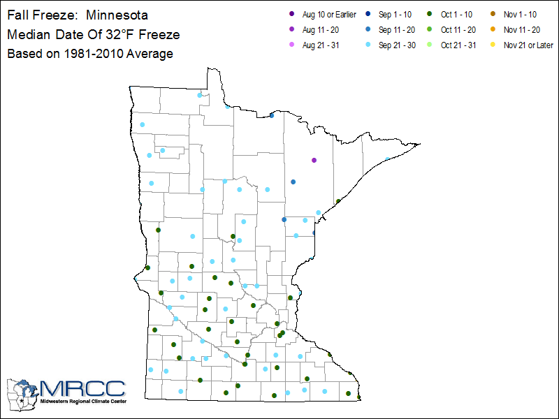 Minnesota First Fall Feeze Dates