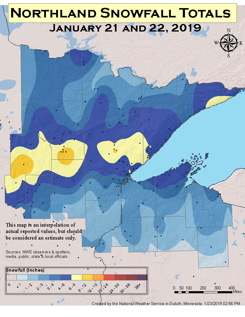 Map of January 21 and 22, 2019 snow totals across the Northland