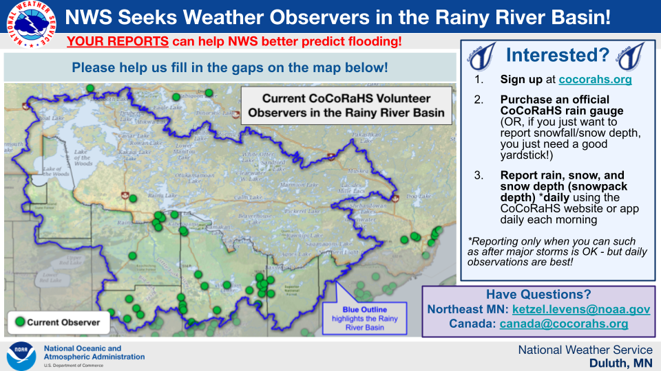 Graphic recruiting new CoCoRaHS observers in the Rainy River Basin