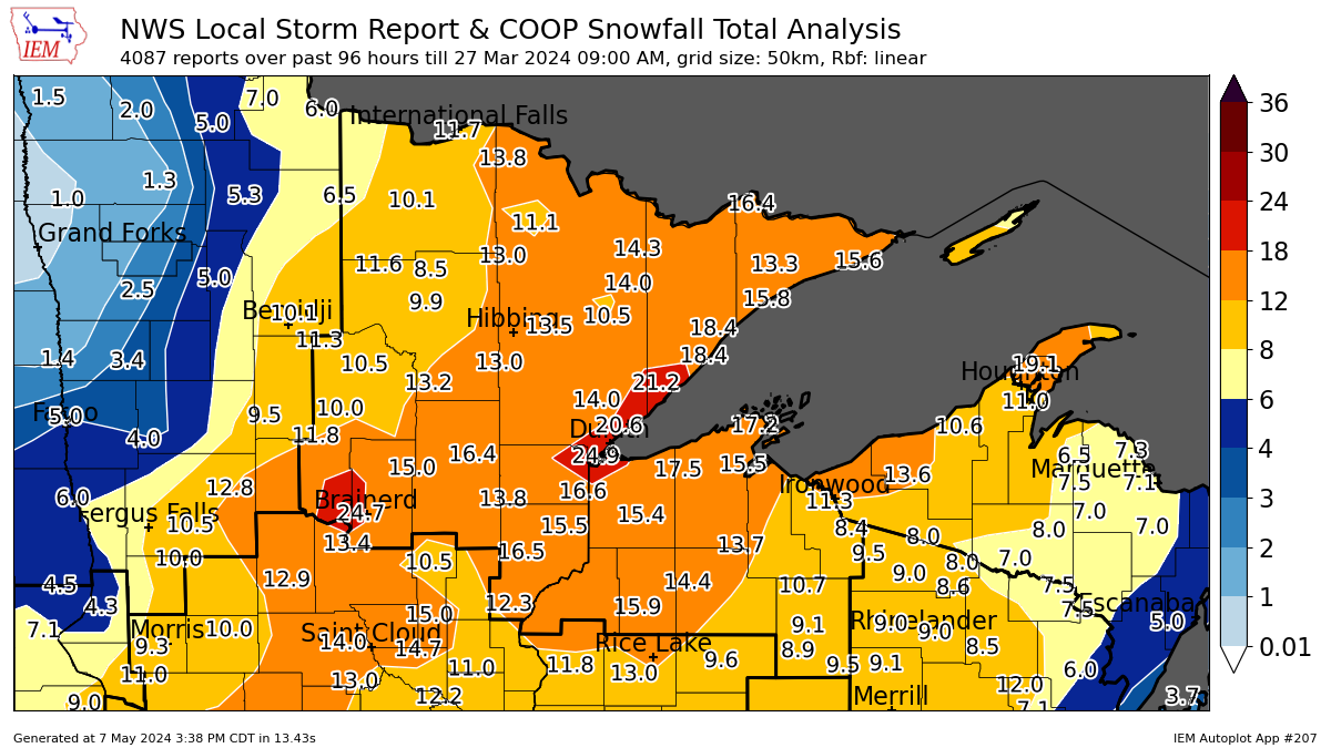 Map showing snowfall amounts for the March 24-27 snowstorm. Amounts range from around 6 inches around Baudette, MN to a swathe of 18 to 24 inches around the Brainerd Lakes and along the North Shore.