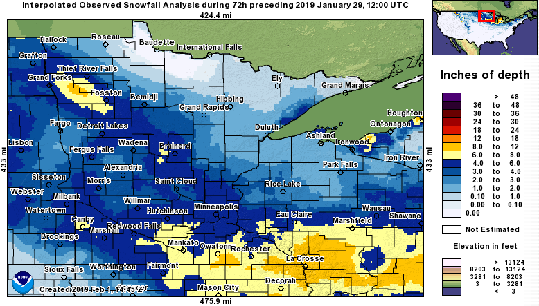 Map of snowfall across Minnesota and northwest Wisconsin January 27, 28, and 29, 2019