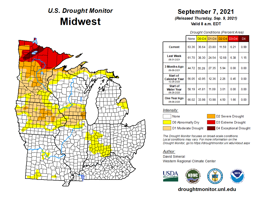 The worst of the drought occurred in late August and early September. This is a snapshot of the weekly US Drought Monitor on September 7, 2021.