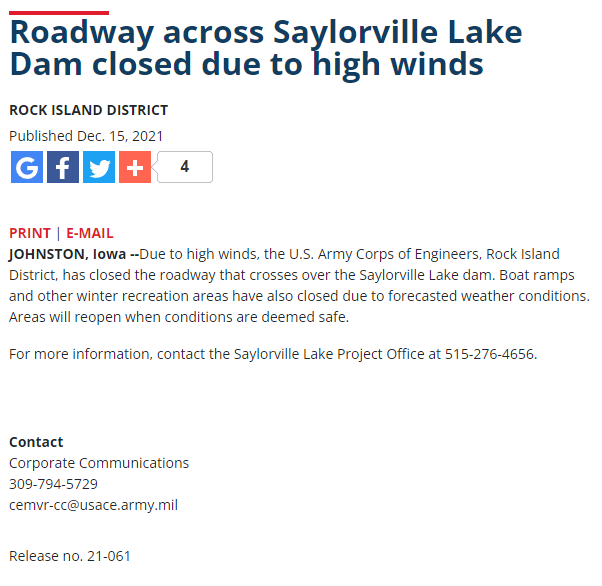 Saylorville Dam Road Closure