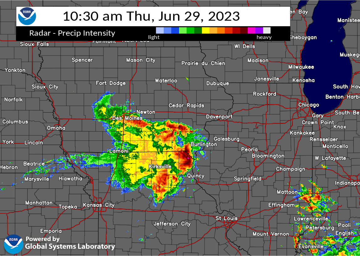 Radar image of storms on June 29, 2023