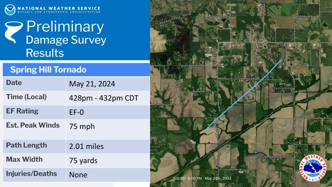Track Map for the Spring Hill tornado that occurred on 5/21/2024.