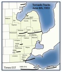 Map showing the paths of the multiple tornadoes which occured on June 8th, 1953.